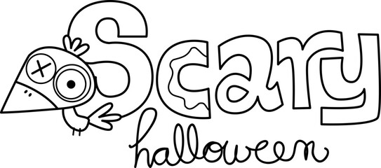 Hand made text with a raven, Scary Halloween