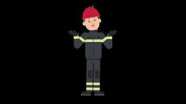 White male firefighter is being confused, confronted with a dilemma and looking for a solution. His arms are lifted to the side with question marks appearing