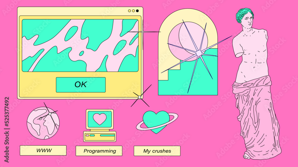 Aufkleber retro desktop with icons in vaporwave 80's style. collage of user interface elements and venus sculp