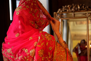 A beautiful woman in a red sari, traditional Indian wedding dress
