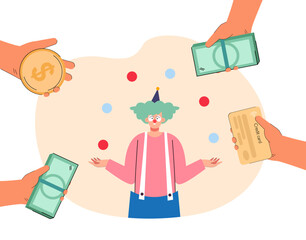 Hands offering money to juggling cartoon clown. People paying juggler with funny hair and red nose flat vector illustration. Circus, profession, finances, party concept for banner or landing web page