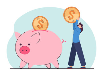 Tiny cartoon woman putting big gold coin in cute piggybank. Girl saving money flat vector illustration. Finances, savings, investment, banking concept for banner, website design or landing web page