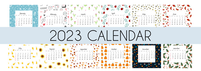 2023 year Calendar 2023 with colorful backgrounds, planner organizer template. Vector illustration of month grid on seamless pattern in flat cartoon style for print, wall decor, kids stationery