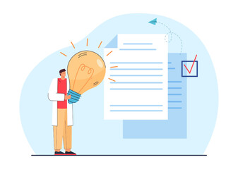 Huge documents and male doctor holding big lightbulb. Medical professional with new idea flat vector illustration. Health, innovation, medicine concept for banner, website design or landing web page