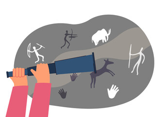 Hands of researcher holding spyglass in front of cave paintings. Anthropologist looking at caveman drawings of people and animals flat vector illustration. Anthropology, history concept for banner