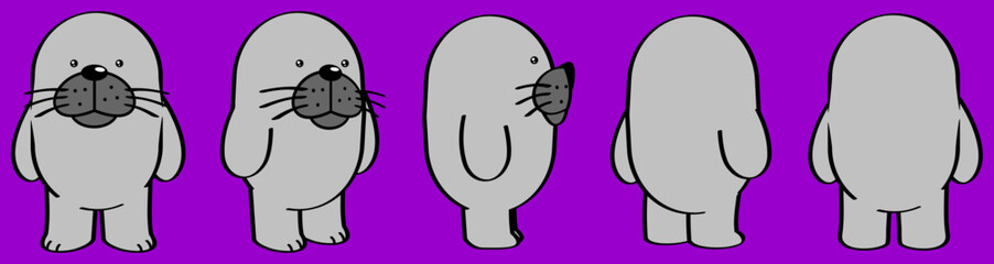 chibi seal cartoon perspective view set pack in vector format