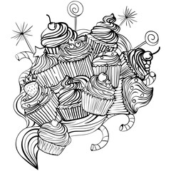 Cupcakes and lollipops with different flavors in a bouquet. Muffins set. Sweet mood. Black illustration.