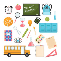 Different studying elements or items vector illustrations set. Cartoon drawings of school, math symbols, tools and notebooks isolated on white background. Education, knowledge, back to school concept