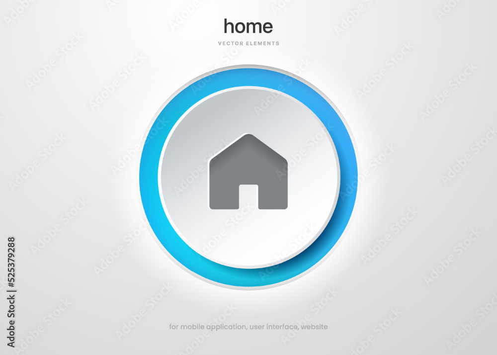 Poster 3d minimal modern home, homepage, base, main page, house push button icon emblem symbol, sign. 3d blue home icon. Mobile app icons. Device UI UX mockup. Isolated vector elements. 