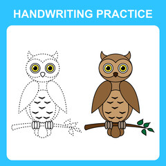 Handwriting practice. Draw lines and color the owl. Educational kids game, coloring sheet, printable worksheet. Vector illustration