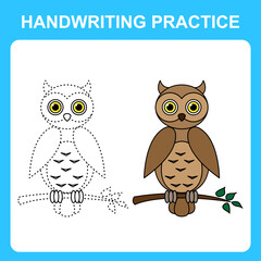 Handwriting practice. Draw lines and color the owl. Educational kids game, coloring sheet, printable worksheet. Vector illustration