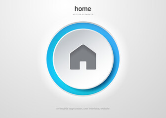 3d minimal modern home, homepage, base, main page, house push button icon emblem symbol, sign. 3d blue home icon. Mobile app icons. Device UI UX mockup. Isolated vector elements. 
