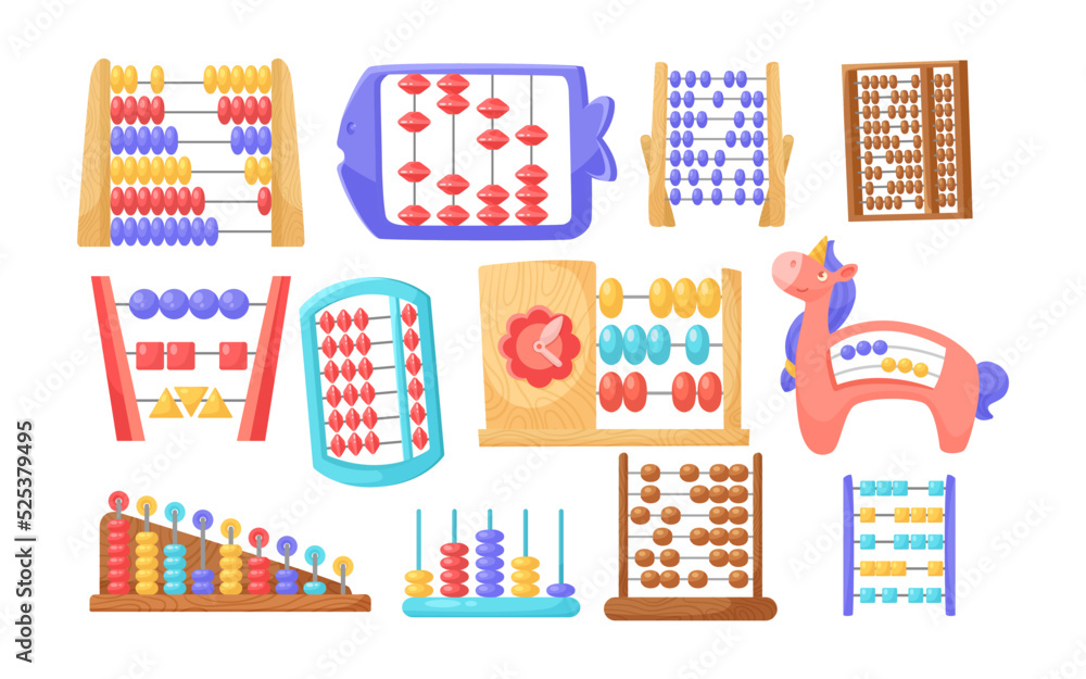 Poster different colorful abacus for kids vector illustrations set. toys or objects for math classes in kin