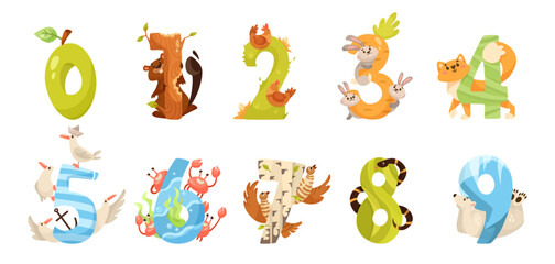 Obraz premium Animal cartoon characters with numbers vector illustrations set. Funny childish drawings of different animals with numbers for children isolated on white background. Education, numbers, math concept