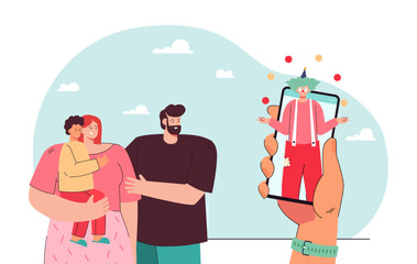 Happy cartoon family looking at clown on phone screen. Hand of person buying tickets to circus show online flat vector illustration. Family, circus, celebration, technology concept for banner