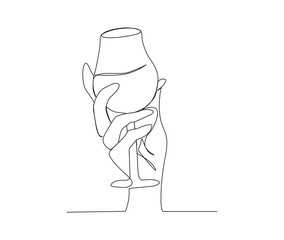 Continuous line drawing of Hand Holding Wine Glass. Minimalist line art drawing vector illustration with active stroke.