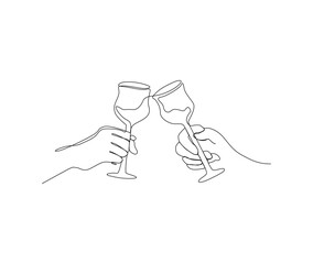 Continuous line drawing of Hand Holding and Cheering Gass Wine Liquor. Minimalist line art drawing vector illustration with active stroke.