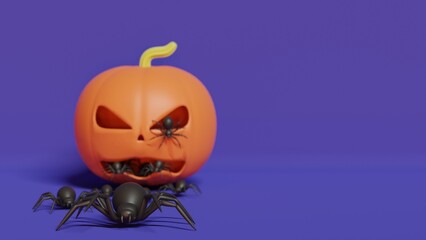 Spiders comming from pumpkin. stylized 3d illustration for halloween with depth of field effect.