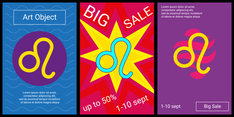 Trendy retro posters for organizing sales and other events. Large zodiac leo symbol in the center of each poster. Vector illustration on black background