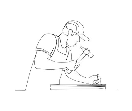 Continuous line drawing of carpenter holding saw. Carpenter line art drawing vector illustration with active stroke.