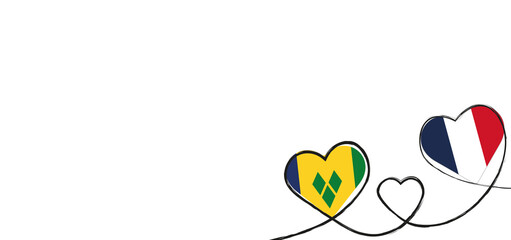 Drei Herzen mit der Flagge von Frankreich und St. Vincent und die Grenadinen