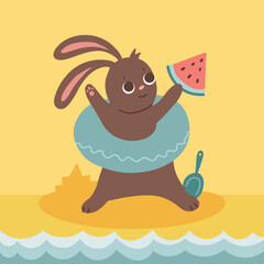 Summer holiday landscape with cute rabbit in inflatable swimming ring. Animal on the beach. Hello summer concept. Vector hand drawn flat illustration.
