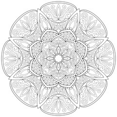 Colouring page, hand drawn, vector. Mandala 79, ethnic, swirl pattern, object isolated on white background.