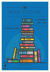 Retro style book reading club poster. Book festival and event poster template. Old style movie placard for book festival with stylish line vector illustration. Big pile of books line style.