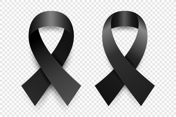 Vector 3d Realistic Black Ribbon Set. Melanoma Cancer Awareness Symbol Closeup. Cancer Ribbon Template. Melanoma World Cancer Day Concept