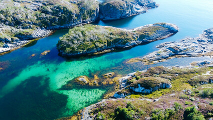 Aerial view of sea waves and fantastic rocky shore. Reefs and algae near the shores of the Norwegian Sea. Norway