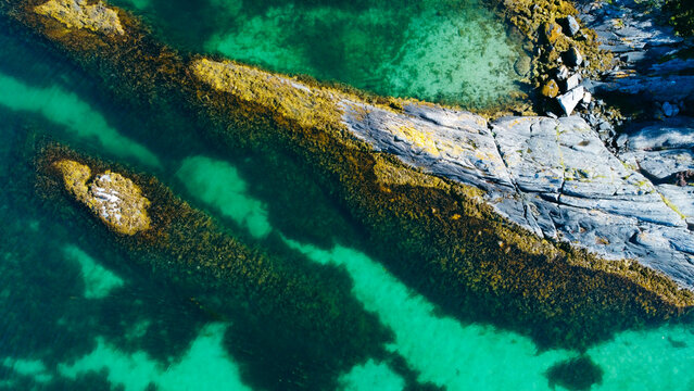 Aerial View Of Sea Waves And Fantastic Rocky Shore. Reefs And Algae Near The Shores Of The Norwegian Sea. Norway