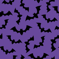 Fototapeta premium Vector Halloween seamless pattern with flying black bats on violet background. Scary bats silhouettes, Halloween party or home decoration, textile print.