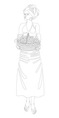 Silhouette of a beautiful girl. The lady is holding a basket with grapes. Woman in modern one line style. Solid line, decor outline, posters, stickers, logo. Vector illustration.