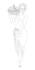 Silhouettes of a girl in a headscarf. The lady is holding a basket of bananas in her hands. Woman in modern one line style. Solid line, decor outline, posters, stickers, logo. vector illustration.