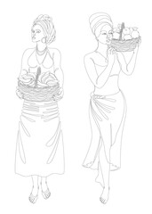 Collection. Silhouettes of a girl in a headscarf. The lady is holding a basket of apples and bananas in her hands. Woman in modern one line style. Solid line, outline, logo. Vector illustration, set.