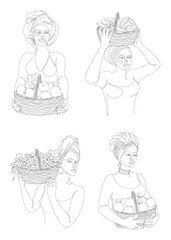 Fototapeta na wymiar Collection. Silhouettes of a girl in a headscarf. The lady holds in her hands a basket with bananas and apples, grapes, oranges Woman in a modern one line style, contour. Vector illustration, set.