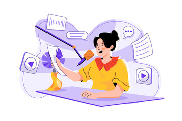 Woman reading podcast script Illustration concept on white background