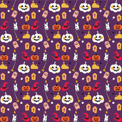 Halloween orange festive seamless pattern. Endless background with pumpkins, skulls, bats, spiders, ghosts, bones, candies, spider web and speech bubble with boo
