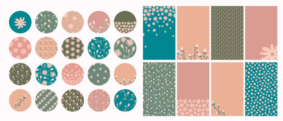 Social media stories templates. Abstract shapes and floral hand drawn elements. Vertical background template. Highlight cover set. boho vintage style