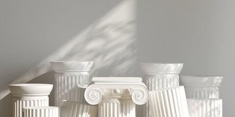 Classic luxury podium product background. 3d podium roman style and nature light shadow white background for branding presentation. 3d rendering illustration.