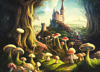 fantastic wonderland landscape with mushrooms, beautiful old castle - obrazy, fototapety, plakaty