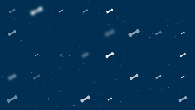 Template animation of evenly spaced dog bone symbols of different sizes and opacity. Animation of transparency and size. Seamless looped 4k animation on dark blue background with stars