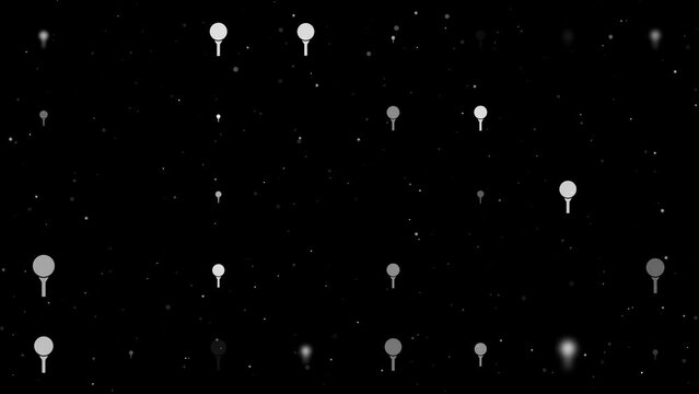 Template animation of evenly spaced golf symbols of different sizes and opacity. Animation of transparency and size. Seamless looped 4k animation on black background with stars