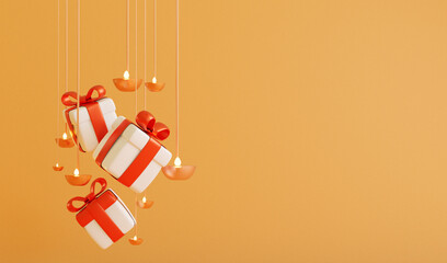 Hanging gift box with diya lamp 3d render in yellow background