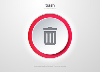 3d red trash, delete, cleaning, clean, erase, cross vector icon, symbol, sign, emblem, button, push button on white background for UI UX, website, mobile app.