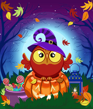 Vector illustration for halloween. An owl on a pumpkin on the background of a full moon in a witch's hat with sweets and a lantern. Forest and falling leaves. Drawn in cartoon style.