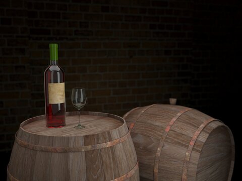 bottle of red wine on a barrel in the cellar 3d render