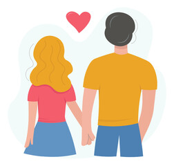 Young man and woman are holding hands. Date of a young couple. Back view. The concept of independence, freedom and the union of people against the enemy. Flat vector illustration on a light background