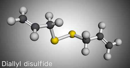 Diallyl disulfide, DADS molecule. It is organic disulfide, found in garlic and other species of the genus Allium. Molecular model. 3D rendering.