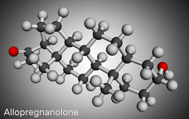 Allopregnanolone, brexanolone molecule. It is naturally occurring neurosteroid. Molecular model. 3D rendering